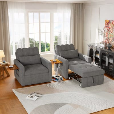 3-in-1 converteerbare slaapbank, gestoffeerde stoel die ook als bed kan dienen, verstelbare slaapbank met kussen en bekerhouder, fauteuil met slaapfunctie voor appartement, woonkamer, slaapkamer, kantoor,Grijs