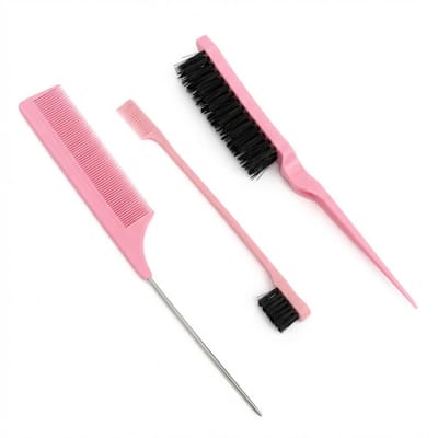 Roze kammenset en edge brush – 3 delige unisex haar kam met puntstaart en styling borstels – kunststof kammenset voor precisie styling en baby hair verzorging