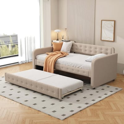 Slaapbank - Uitschuifbaar bed - Gastvrij ontvangen - Met opbergruimte - 90 x 200 cm - Donkerbeige
