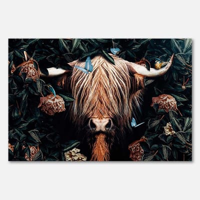 Poster op Papier - 60 x 40 cm - Hooglander tussen bloemen en bladeren - PosterJunkie
