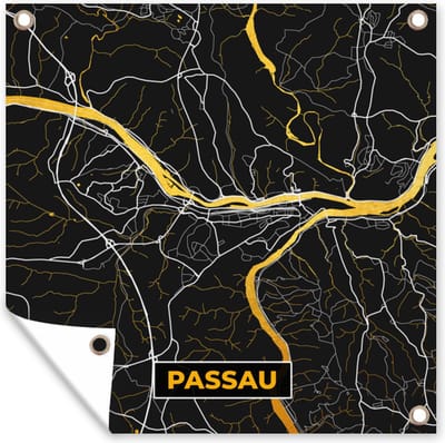 Tuin poster Kaart – Plattegrond – Stadskaart – Passau – Duitsland – Goud - 200x200 cm - Tuindoek
