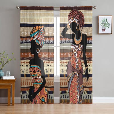 Etnische Stijl Afrikaanse Vrouwen Zwarte Vrouwen Transparante Gordijnen voor Woonkamerdecoratie Raamgordijnen Keuken Tule Voile Gordijnen W135 x H115cm x1 gray