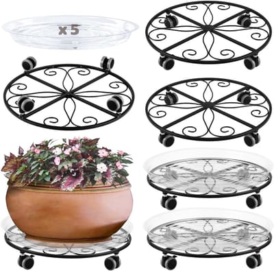 Set van 5 Plantenstandaarden met Wielen - 16 inch Zwarte Metalen Bloempot Dolly voor Binnen en Buiten