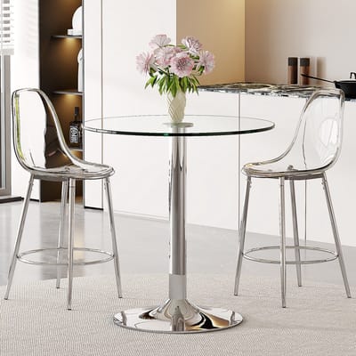 STILVORA Barset - Transparante Glastafel Met 2 Barkrukken - Voor Open Keuken En Loungehoek - Metaal Kunststof - 89x89x102 Cm - Zilver;Transparant