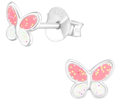Joy|S - Zilveren vlinder oorbellen - roze wit met glittertjes - 6 x 5 mm - kinderoorbellen