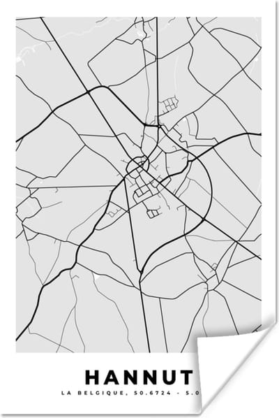 Poster Zwart Wit – België – Plattegrond – Stadskaart – Kaart – Hannut - 120x180 cm XXL