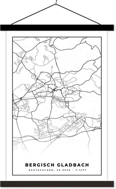 Posterhanger incl. Poster 40x60 cm - Schoolplaat - Kaart - Bergisch Gladbach - Stadskaart - Plattegrond - Textielposter - Zwarte latten - Stadskaart