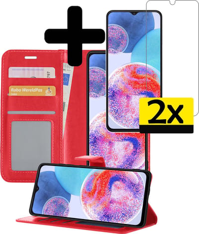 Hoesje - Met 2x Screenprotector - Geschikt voor Samsung Galaxy A23 - Luxe Pasjeshouder - Bookcase Portemonee - Flip Case - Kunstleer Book Case - Flipcase Hoes - Book Cover - Walletcase - Portemonneehoes - Telefoonhoesjes - Rood