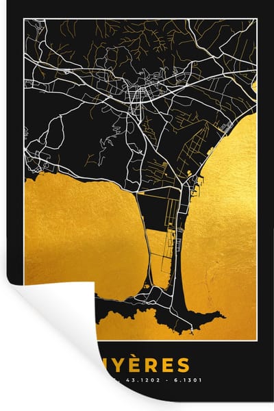 Muurstickers - Sticker Folie - Plattegrond – Hyères – Stadskaart – Kaart – Frankrijk - 20x30 cm - Plakfolie - Muurstickers Kinderkamer - Zelfklevend Behang - Zelfklevend behangpapier - Stickerfolie