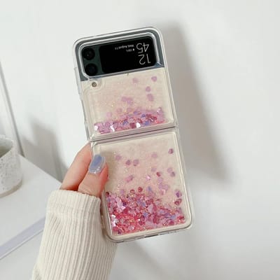Coque de téléphone tendance Cool Love Heart Paillettes Sables Mouvants Pour Samsung Galaxy Z Flip 6 5 4 3 Antichoc Liquide Paillettes Couverture ZFlip 6 For Galaxy Z Flip 5 beige