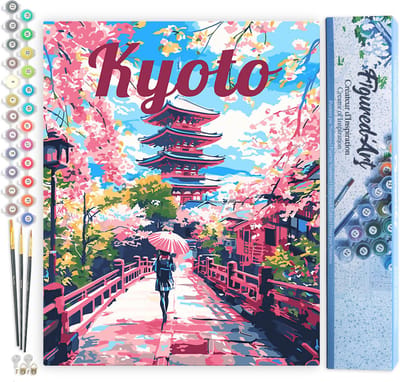 Figured'Art Schilderen op Nummer Volwassenen canvas Reisposter Kyoto in Bloei - Handwerk acrylverf Kit DIY Compleet - 40x50cm zonder frame