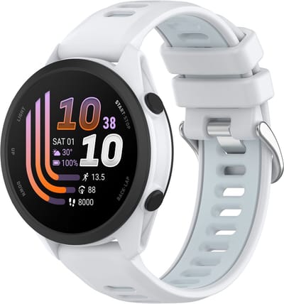 Stravo 20mm Quick Release Siliconen Sport Bandje – Geschikt voor Garmin Forerunner 70 / 170 / 55 / 165 / 245, Vivoactive 6 / 5 / 3, Venu SQ 2 en Samsung Galaxy Watch 7 / 6 / 5 / 4 – Tweekleurig Horlogebandje – Wit / Blauw