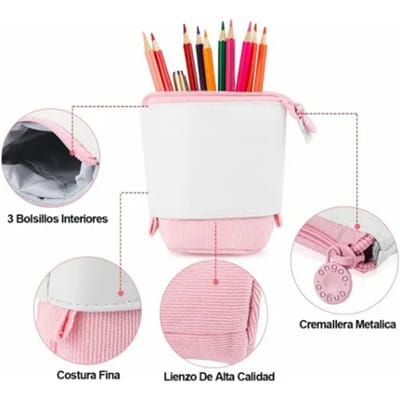 Trousse à crayons rose debout rétractable douce et confortable porte-stylo debout avec 3 poches pour l'école white