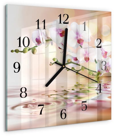 Tulup Wandklok - Orchidee Wandklok Glas Met Motief - 30x30 cm - Veelkleurig Decoratieve Glazen Klok - Zwarte Handen - Vierkante Wandklok - Decoratieve Glazen Klok - Glazen Wandklok Design