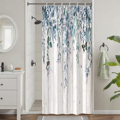 Allecto - Douchegordijn - Eucalyptusmotief - Antischimmel - Blauw - Waterdicht - Voor Badkamer - 90 x 180 cm