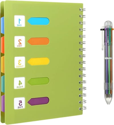 Notitieboek A5 met ringband, gelinieerd notepad en balpen in 6 kleuren - 240 pagina's groen, ideaal voor school en kantoor