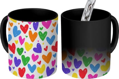 Magische Mok - Foto op Warmte Mokken - Koffiemok - Hartjes - Patroon - Kleurrijk - Tekening - Magic Mok - Beker - 350 ML - Theemok
