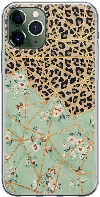 Leuke Telefoonhoesjes - Hoesje geschikt voor iPhone 11 Pro Max - Luipaard bloemen print - Soft case - TPU - Luipaardprint - Groen