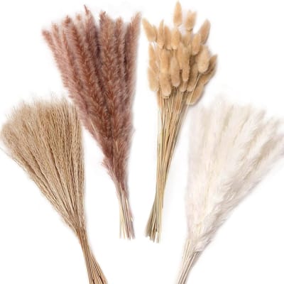 Famanu – Gedroogd pampasgras set van 110 stuks, natuurlijke boho bloemen met konijnenstaarten voor woonkamer, vaas en bruiloft