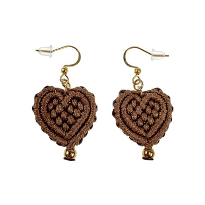 Lichtbruine Macramé Hart Oorbellen, Lange Oorbellen, Haakoorbellen, Verguld RVS, Dames - Lengte 45mm - Handgemaakt door esde2