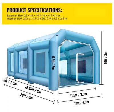 Opblaasbare Spuitcabine - Spuittent - Afmeting 8 x 4,5 x 3 m - Met 2 elektrische blaasmachines - Voor autospuiten - Grote werkruimte