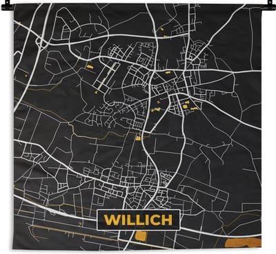 Wandkleed - Wanddoek - Black and Gold – Stadskaart – Willich – Duitsland – Plattegrond – Kaart - 180x180 cm - Wandtapijt