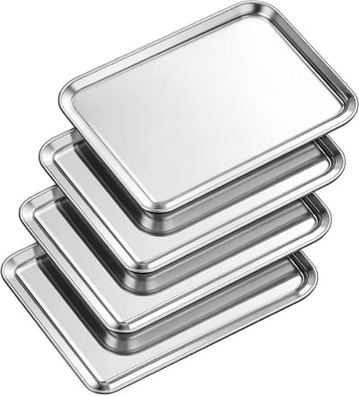 Set van 4 RVS Bakplaten 31.5 x 24.5 x 2.5 cm, Antiaanbak Rechthoekige Ovenbakken voor Roosteren van Voedsel en Gebak