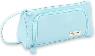 Pennezak Pennenetui etui voor tienermeisjes, penne case, pennen, 3 vakken, voor school en kantoor, lichtblauw, cosmeticatasje