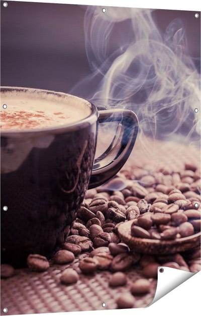 Gards Tuinposter Hete Koffie Kop met Koffiebonen - 90x120 cm - Tuindoek - Tuindecoratie - Wanddecoratie buiten - Tuinschilderij