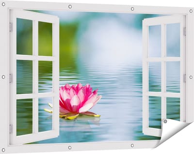 Gards Tuinposter Doorkijk Roze Lotusbloem op het Water - 120x80 cm - Tuindoek - Tuindecoratie - Wanddecoratie buiten - Tuinschilderij