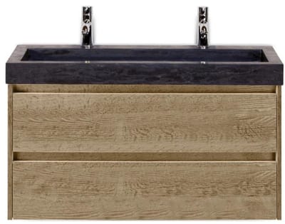 Dante Badmeubelset 100 cm - Natuur Eiken - Wastafel Hardsteen Wit Lucca 2 Kraangaten