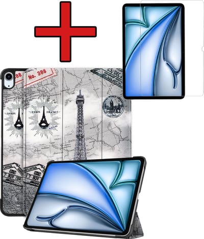 Hoesje - Geschikt voor Apple iPad Air (2024/2025/2026) - 11 inch - Met Screenprotector - Hardcover Book Case - Trifold Bookcase Hoes - Hard Cover - Tablethoes - Eiffeltoren