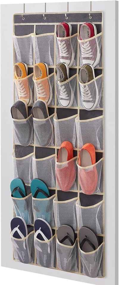 Famanu - Hangende Schoenen Organizer 24 Mesh Vakken Hangende Schoenrekken Houders Achter De Deur met 4 Metalen Haken Deuren Schoenopbergvakken voor Kastdeur voor Mannen Vrouwen, Grijs, Large