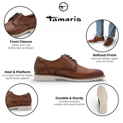 Tamaris herenschoenen van cognacbruin leer met gladde neus, elegante derbyschoenen