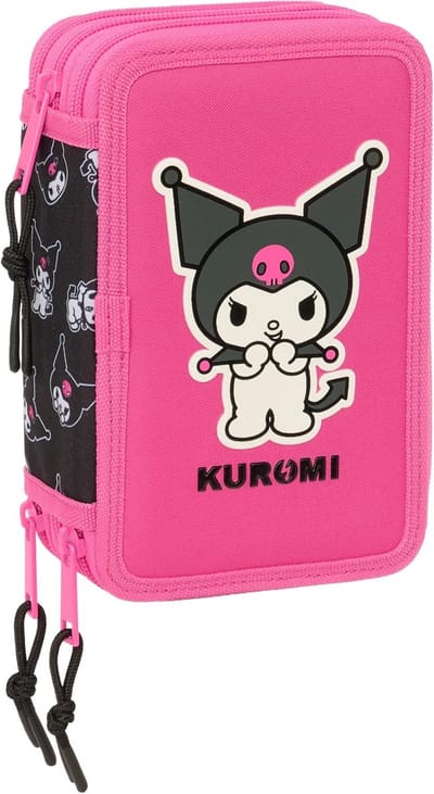 Kuromi Schooletui met 37 Gebruiksvoorwerpen - Kindermapje voor Jongens en Meisjes, Comfortabel en Duurzaam, 12,5 x 5,5 x 19,5 cm, Zwart/Fuchsia, M