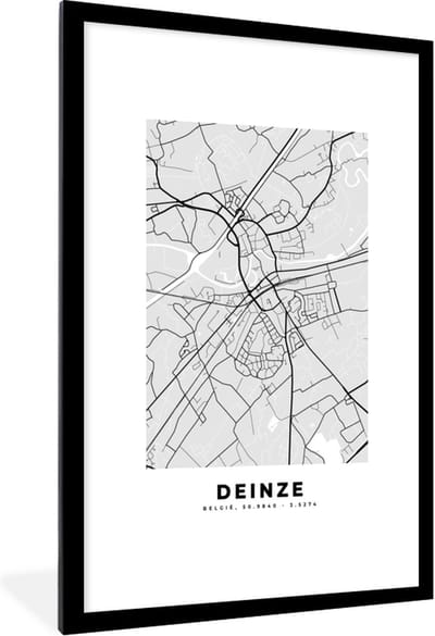 Fotolijst incl. Poster Zwart Wit- Kaart – Plattegrond – Stadskaart – Deinze – België – Zwart Wit - 80x120 cm - Posterlijst