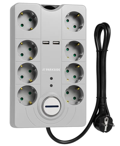 PARKSIDE® Stekkerdoos met Overspanningsbeveiliging - 8 Stopcontacten - 2 USB Poorten (2,1A) - 2 Meter Kabel - Schakelaar met Verlichting - 3680W - Grijs/Zwart