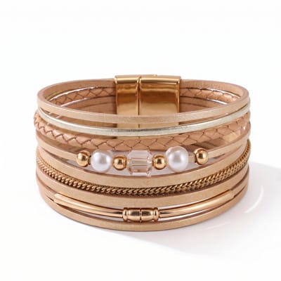 Sorprese Livia Beige Armband - Parel Look - Dames Armband - Leren Wikkelarmband - Magnetische Sluiting - Cadeau voor Vrouwen - Model ZZ