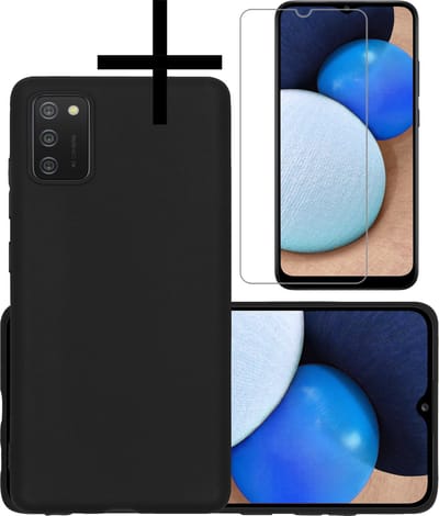 Hoesje - Met Screenprotector - Geschikt voor Samsung Galaxy A02s - Sterk & Shockproof - Back Cover - Siliconen Case - Telefoon Hoes - Zwart