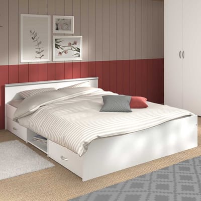 Tweepersoonsbed met opbergruimte - 2 laden en een niche - 140 x 190 cm - Kleur: wit - L 145.8 cm x H 58.9 cm x D 193 cm