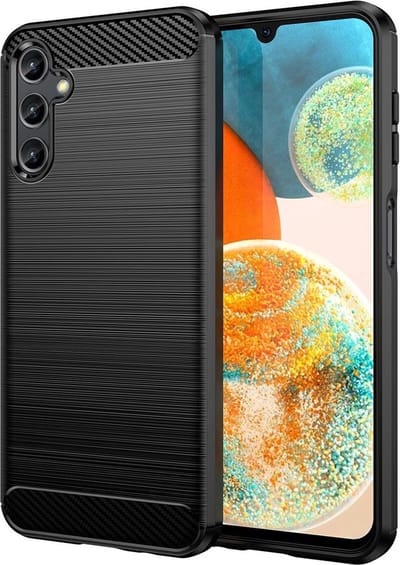 MobyDefend Hoesje - Geschikt voor Samsung Galaxy A14 - TPU Backcover - Geborstelde Metaal & Carbon-Look - Zwart