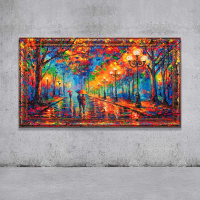 Canvas schilderij groot handgeschilderd avondwandeling romantisch sfeervol – YS-Art Gallery – Romantische wanddecoratie voor woonkamer – Modern schilderij voor hal en kantoor