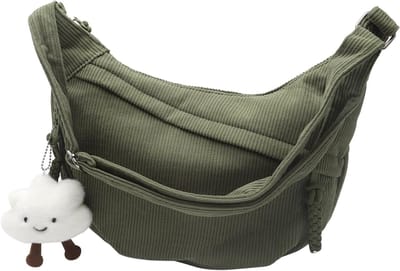 Half Moon Crossbody Bag voor Dames - Grote Groene Corduroy Schoudertas, Modieuze Handtas en Rugzak