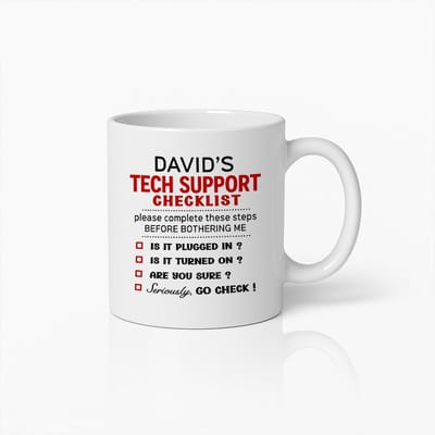 Gepersonaliseerde 330ml Tech Support Mok – Grappige IT Checklist Koffiebeker – Perfect Cadeau voor Technici en Programmeurs