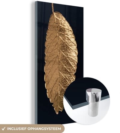 MuchoWow® Glasschilderij 60x120 cm - Schilderij acrylglas - Bladeren - Zwart - Goud - Luxe - Natuur - Foto op glas - Schilderijen