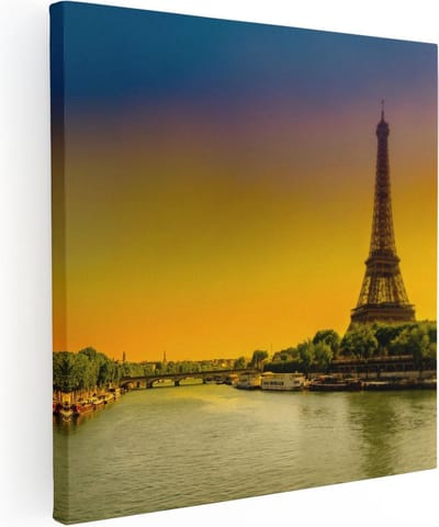 Artaza Canvas Schilderij Eiffeltoren - 90x90 cm - Wanddecoratie Parijs - Muurdecoratie Zonsondergang - Decoratie Skyline