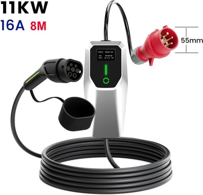 Cestovet Mobiele Thuislader 11kW - CEE naar Type 2 stekker EV oplader - Aanpassing met dubbele knop - 8 meter Laadkabel - 6A/8A/10A/13A/16A Huidige instelling - 3 fase - IP66 waterdicht laadstation met LCD Digitaal Display