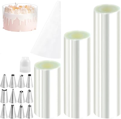 3 Rollen Taartfolie 10cm 15cm 20cm Hoog, Transparant Acetaatfolie, Herbruikbare Taart Ring Folie voor Taarten Mousse Dessert Ringen, Inclusief 12 Stuks Spuitmond Set