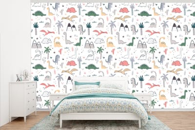 Behang - Fotobehang Patronen - Dino - Boom - Jongetje - Jongens - Kinderen - Kids - Breedte 345 cm x hoogte 220 cm