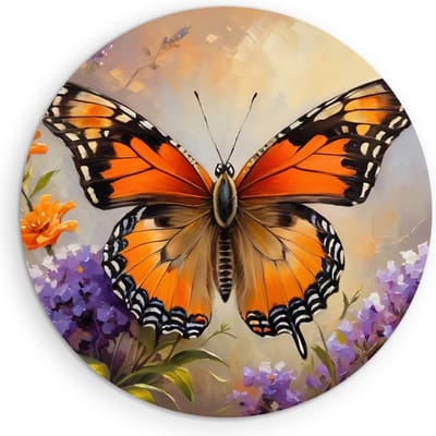 Saammp Muurcirkel Hout -Vlinder bij paarse bloemen - Dieren - Abstract - Ø 90 - Wandcirkel - Wanddecoratie Cirkel - muurdecoratie Woonkamer - Slaapkamer decoratie - Rond Schilderij
